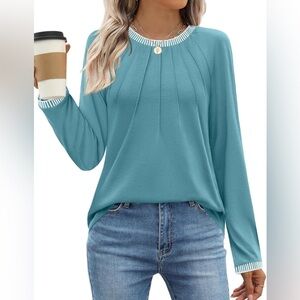 Merokeety Teal Long Sleeve Pleated Top L NWT